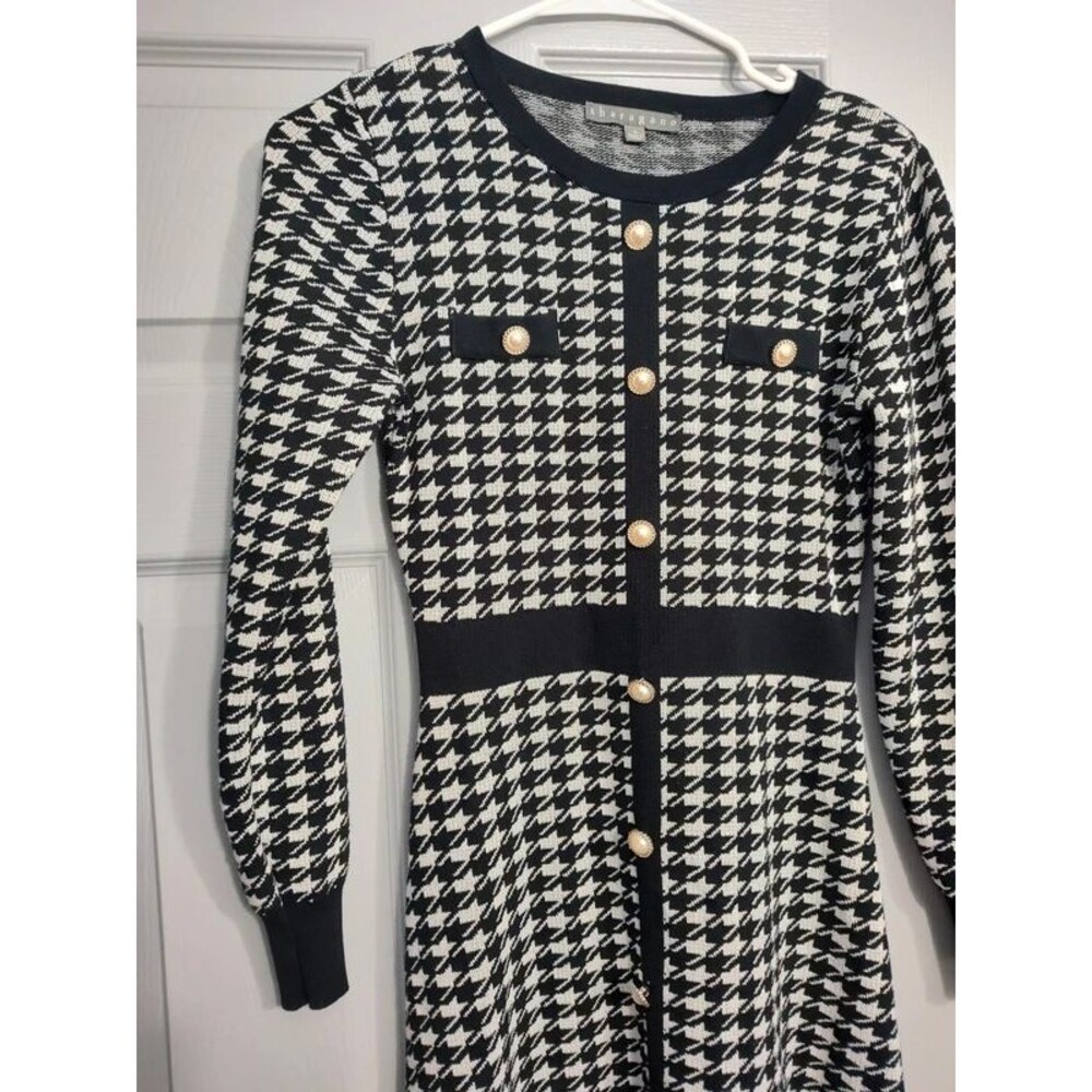 Sharagano black white houndstooth sweater knit knitted dress pearl buttons S new